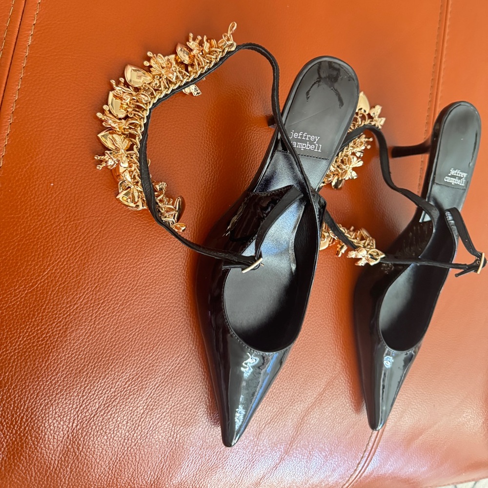 Jeffrey Campbell Black Patent Heels with Gold Accents ankle strap - Picture 4 of 9